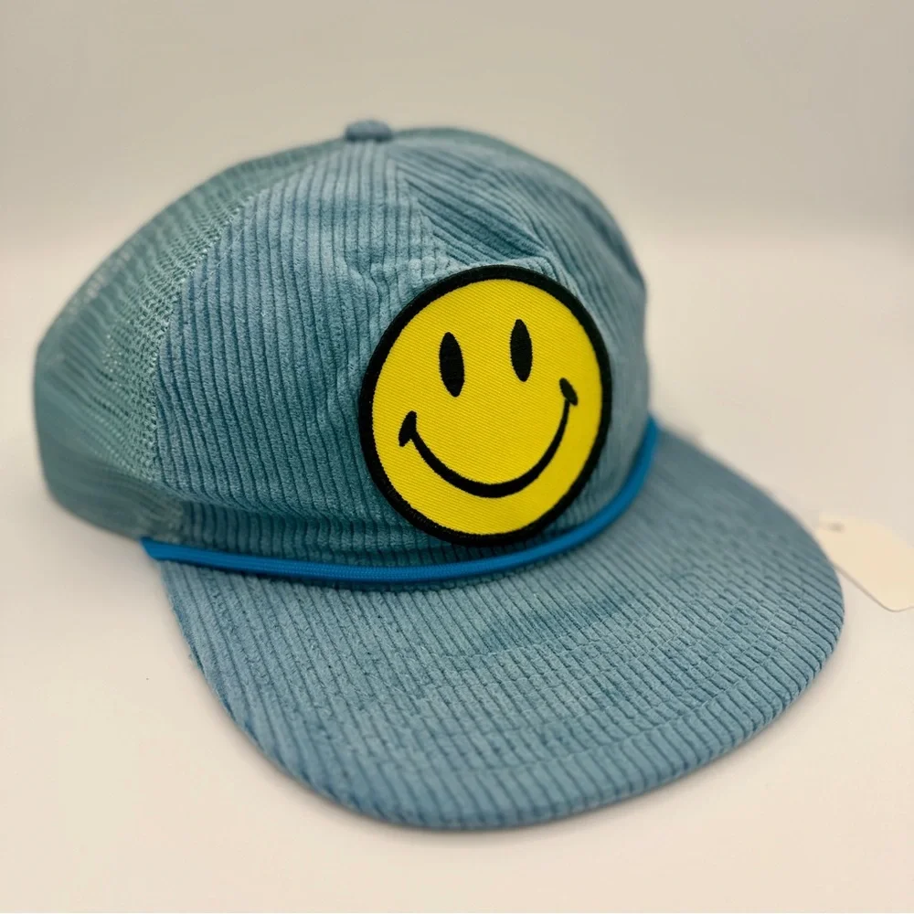 Aviator Nation Blue Corduroy Trucker Hat with Yellow Smiley Patch